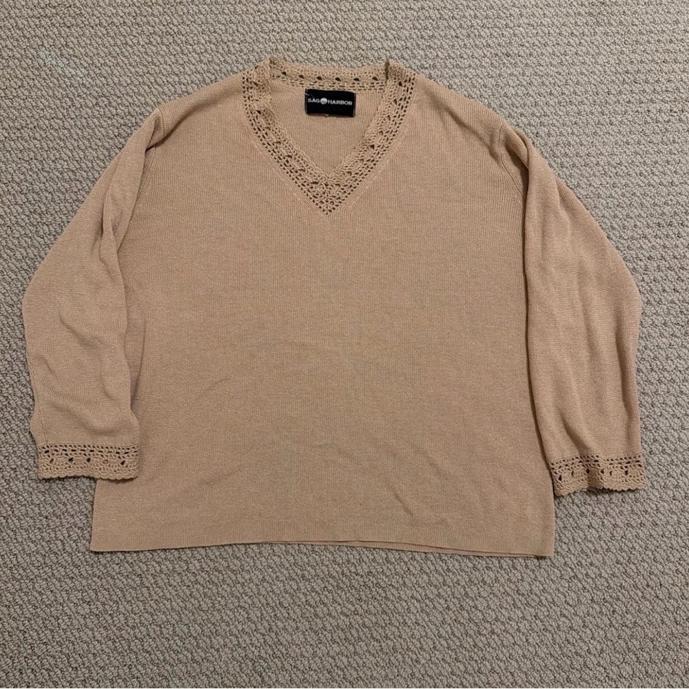 Lace Detailed Beige V-Neck Sweater